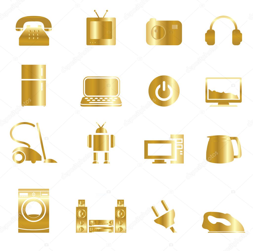 Set of gold home appliances icons