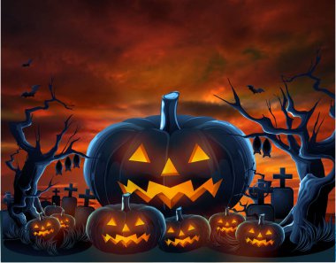 Halloween red background with pumpkins