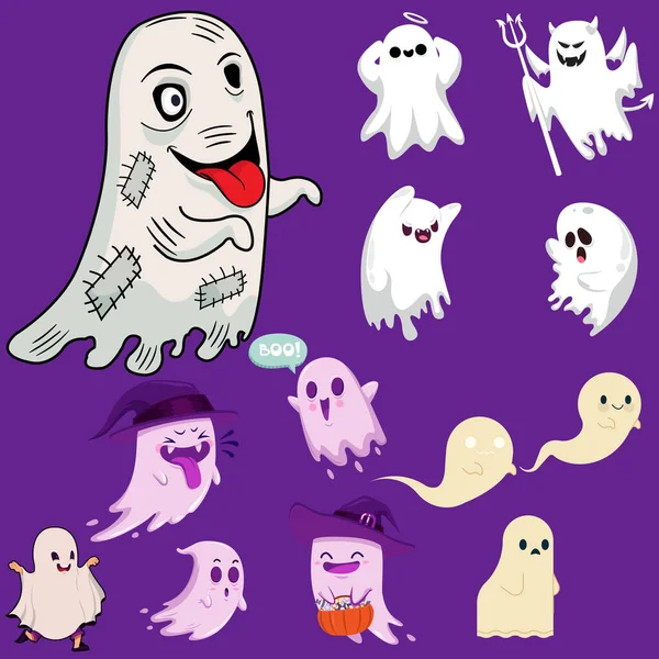 Cute Ghosts Different Facial Expressions — Stock Vector