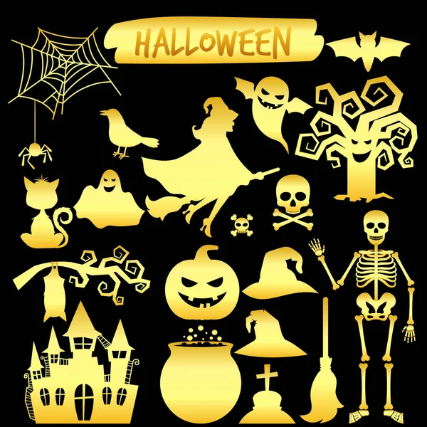 Gold Silhouettes Happy Halloween Icons — Stockvektor