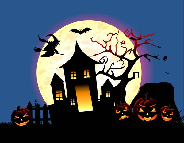 Halloween Hintergrund Mit Fliegender Hexe Auf Dem Vollmond — Stockvektor