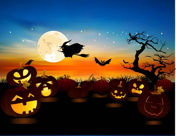 Illustration Scary Pumpkins Bats Peering Eyes Witch Flying Moon — Stockvektor