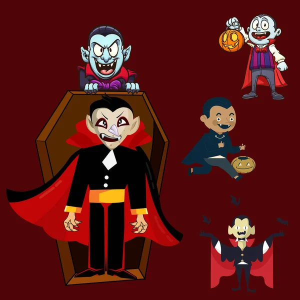 Vampire Cartoon Character Cape Set Five Poses — Vector de stock