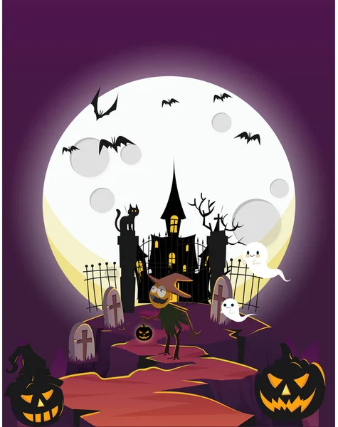 Halloween Background Moonlight Castle Cemetery Ghost Icons — Stock Vector