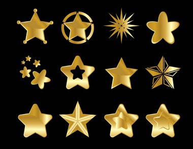 Set of gold start icons isolated on black background