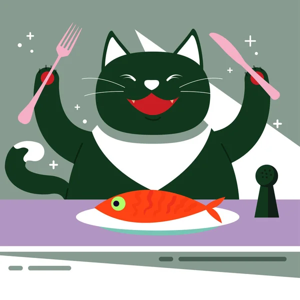 Cute Kot Jedzenie Ryb Ilustracja — Wektor stockowy