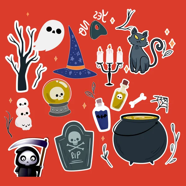 Halloween Sticker Element Kollektion Auf Orangefarbenem Hintergrund — Stockvektor