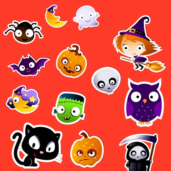 Halloween Colorati Divertenti Adesivi Decorazione Illustrazione Set — Vettoriale Stock