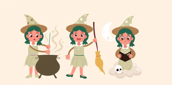 Cadılar Bayramı Cadı Koleksiyonu Farklı Pozlarda — Stok Vektör