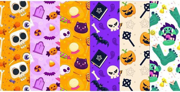 Halloween Seamless Patterns Cute Cartoon Characters Simbols — Stock Vector