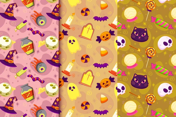 Set Aus Drei Mustern Mit Handgezeichneten Halloween Elementen — Stockvektor