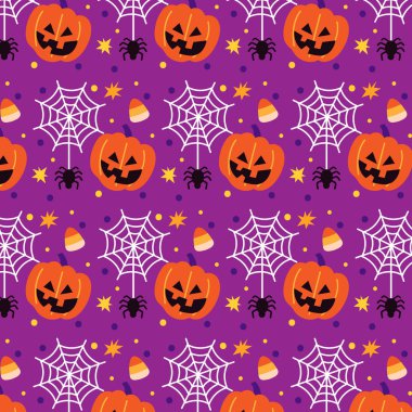 Mor arka planda kabak ve örümceklerle parlak, pürüzsüz desen