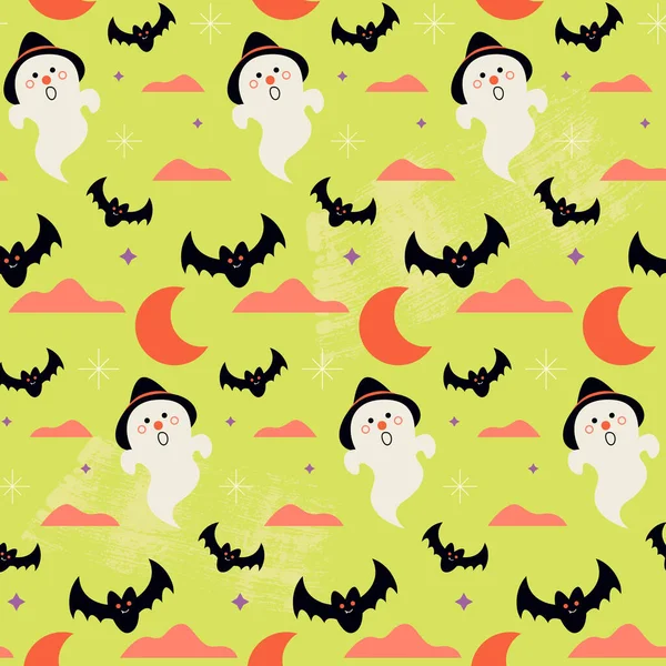 Halloween Festliche Nahtlose Muster Mit Niedlichen Geist Und Fledermäuse — Stockvektor