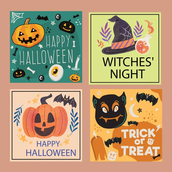 Sie Können Ein Set Von Vier Halloween Karten Flachem Design — Stockvektor