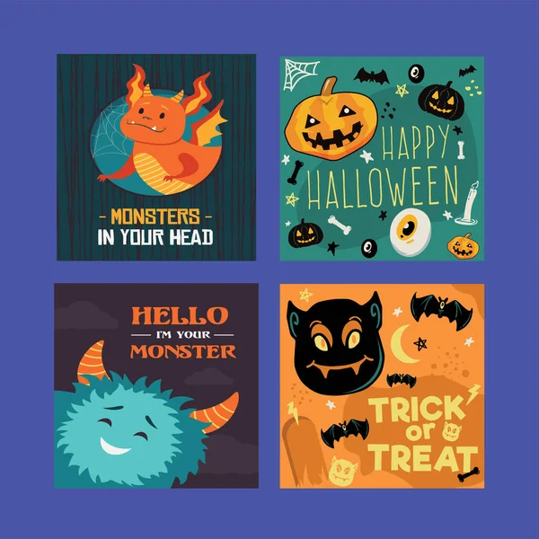 Ensemble Joyeux Halloween Cartes Vœux Trick Treat — Image vectorielle