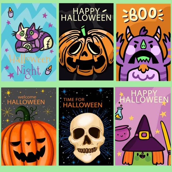 Set Seis Carteles Halloween Tarjeta Felicitación Con Símbolos Navideños Lindos — Vector de stock