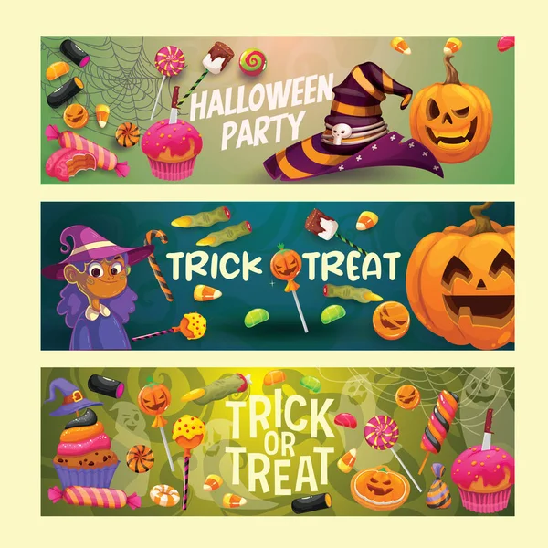 Halloween Bannières Dessins Animés Bonbons Bonbons — Image vectorielle