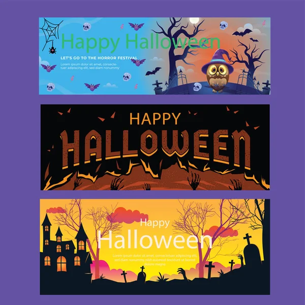 Conjunto Tres Pancartas Horizontales Halloween Con Texto — Archivo Imágenes Vectoriales