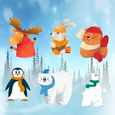 Yün örülmüş kalın elbiseler giyen hayvan koleksiyonu.