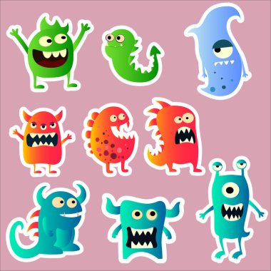 Çizgi film sevimli canavarlar etiket kümesi
