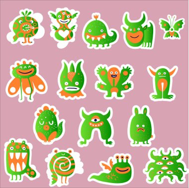 Şirin canavarlarla dolu vektör karikatür etiketi