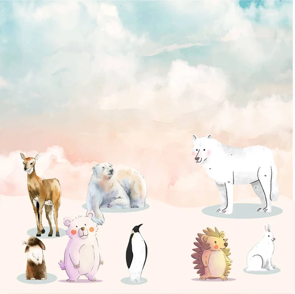 Aquarelle Hiver Forêt Animaux Cerf Avec Faon Hibou Lapin Ours — Image vectorielle