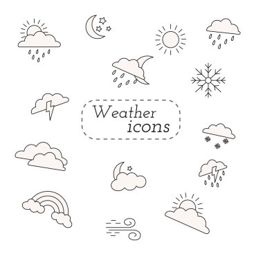 Hava durumu ikonları. Bulutlar, güneş, ay, yağmur. siyah ve beyaz