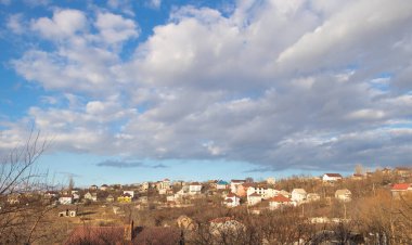 Bulutlu bir gökyüzüne karşı kuru yapraksız ağaçla sıcak bir şehir manzarası..