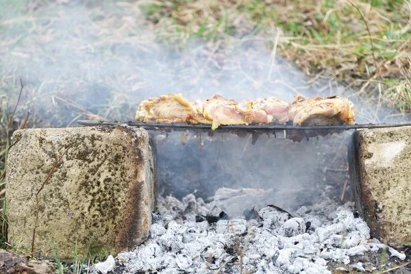 Espetos no processo de cozinhar na natureza — Fotografia de Stock