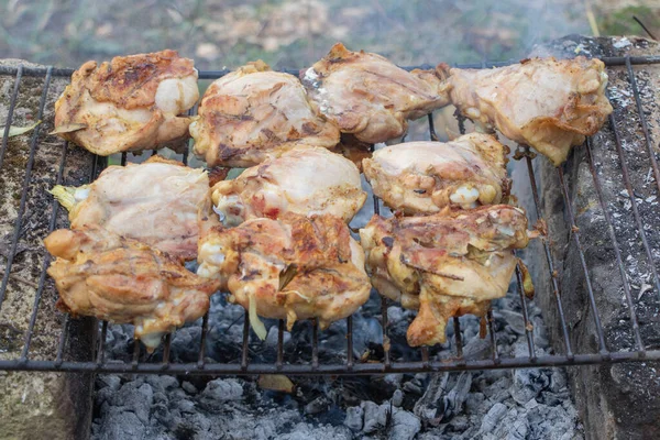 Closeup shot of chicken cooking on an outdoor grill.