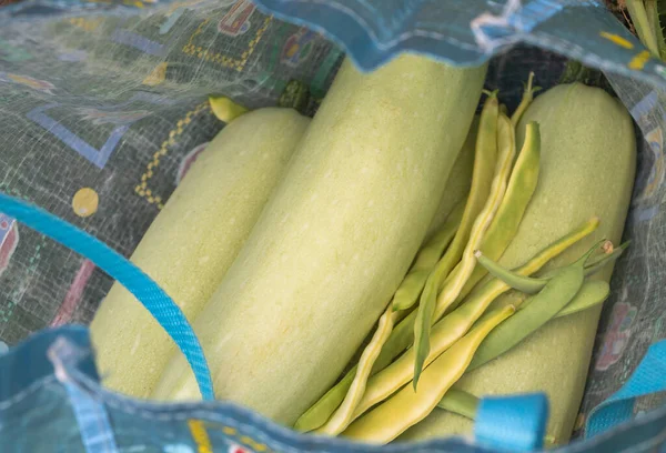 Zucchinis Green Beans Bag Bunch Ripe Zucchinis Green Beans Placed —  Fotos de Stock