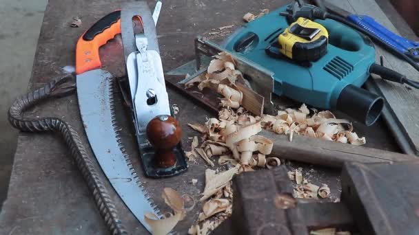 Set Tools Useful Construction Woodworking Jigsaw Saw Plane Tool Mounting — Stockvideo