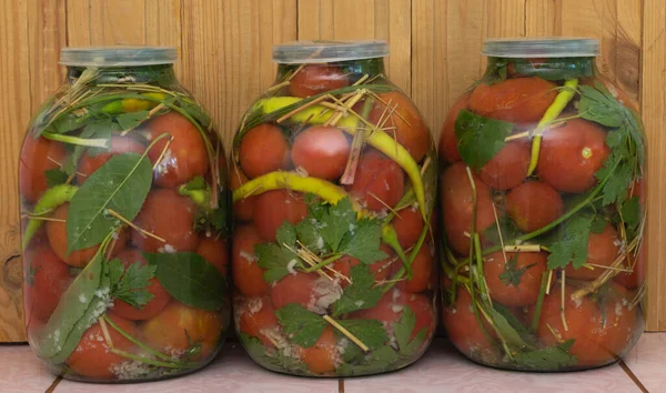 Unos Frascos Tomates Marinados Concepto Receta Tomates Marinados Frescos Hechos — Foto de Stock