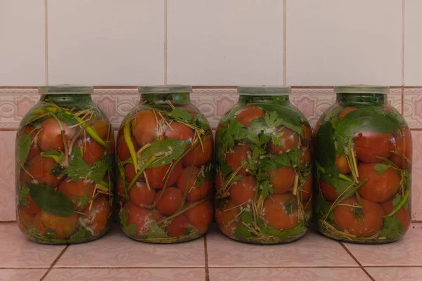 Few Jars Marinated Tomatoes Recipe Concept Home Made Fresh Marinated — Stock Photo, Image