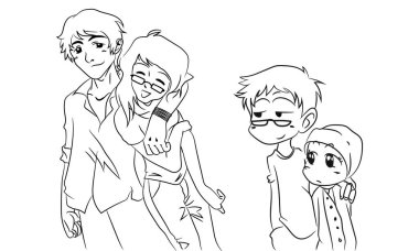 El çizimi manga tarzı vektör illüstrasyon başlıklı genç adam kız arkadaşının omzuna elini koydu, diğer yandan, onların tarzını taklit ederken kaybetmek istemeyen iki çocuk var. Boyama kitapları, çizgi romanlar vs. için mükemmel