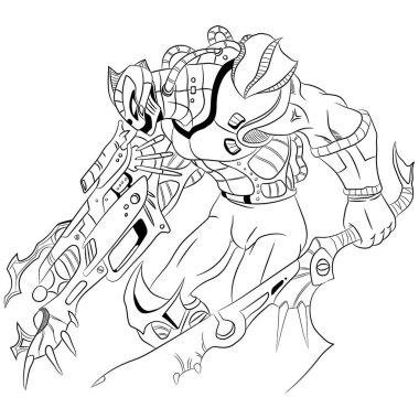 Düşmanı silah ve kılıçlarla yenmeye hazır bir cyborg savaşçı karakteri. Yapay zeka ve sayborglar. Çizgi film manga tarzında izole vektör illüstrasyonu