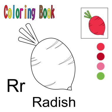 Çizgi film turpu. Meyve temalı boyama kitabı. Vektör çizimi grafiği. Çocukların öğrenmesi ve boyaması için iyi..