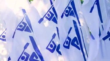 Barnaul, Rusya. 20 Mayıs. 2021 yılı. Rüzgarda dalgalanan spor bayrağı. Barnaul şehrinin kürek çekme ve kano yarışmalarının sembolü. Video 4K.