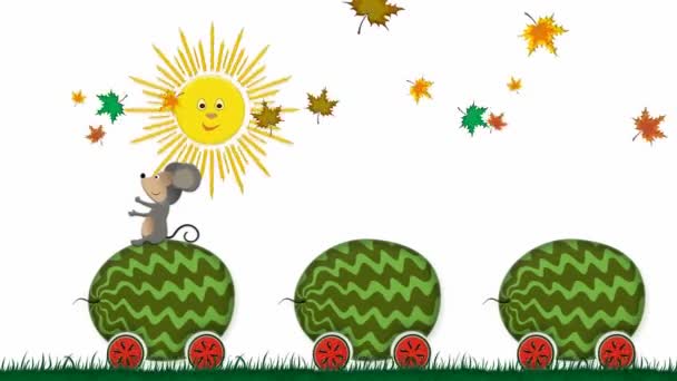 Карикатурные Арбузы Колесах Падающие Листья Солнце Осенняя Концепция Белом Изолированном — стоковое видео