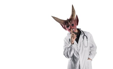 Beyaz bir geçmişi olan, şeytan maskeli dürüst bir doktor değil. El hareketi. Sessizlik konsepti. Tedavide aldatma. Cadılar Bayramı.