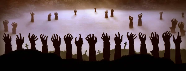 Les Mains Des Zombies Sortent Sol Brouillard Lac Jusqu Clair — Photo