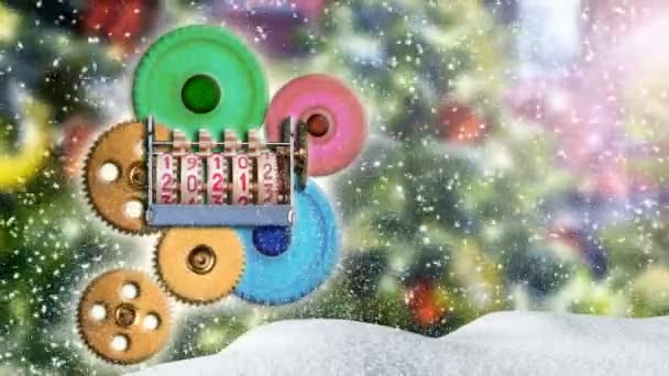 クリスマスの背景 機械式文字盤と回転ギアは2022年を教えてくれます 雪が降って渦巻く アニメーション4Kビデオ 大晦日の夜 — ストック動画