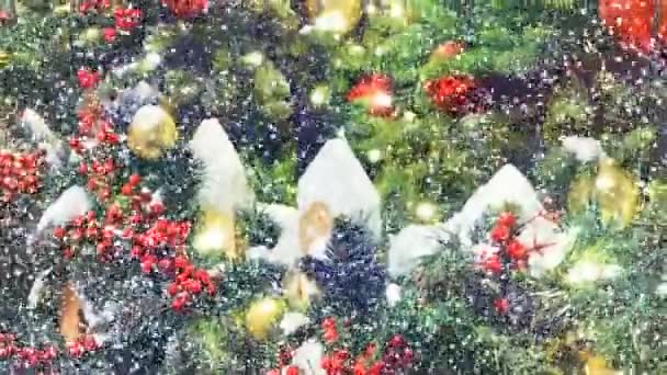 Karácsonyfát Játékok Koszorúk Díszítik Szabadban Hulló Kavargó Alatt Újévi Színes — Stock videók