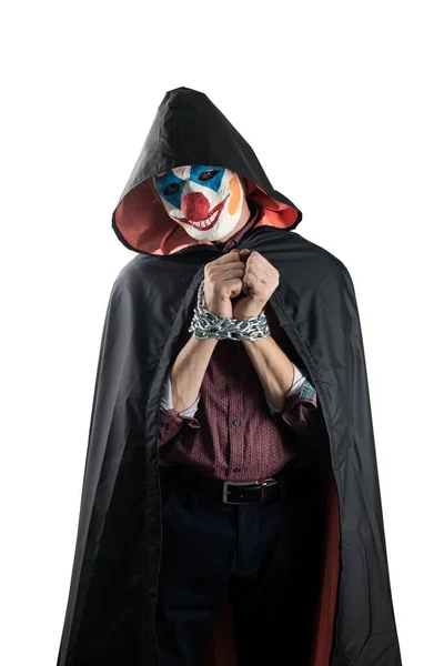 Клоун Прикованными Руками Белом Изолированном Фоне Человек Маске Злого Клоуна — стоковое фото