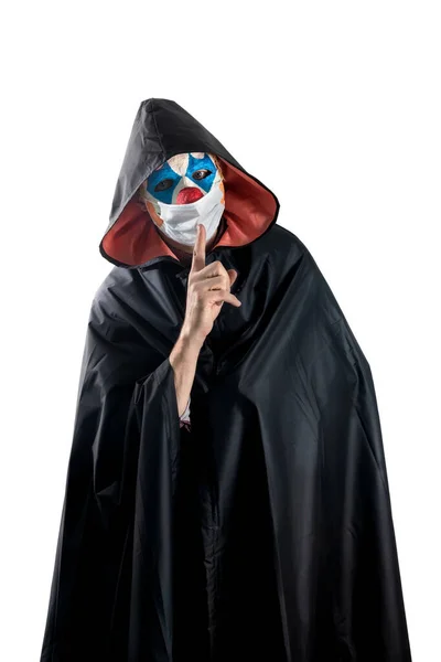 Клоун Изолированном Белом Фоне Медицинской Маске Костюм Хэллоуин Человек Страшной — стоковое фото