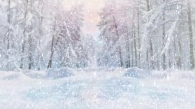 Kar, karla kaplı ağaçların arkasına düşüyor. Ormanda kar yağışı. Güneşin ışıkları. Tasarım için Noel arkaplanı. Canlandırılmış 4K video.