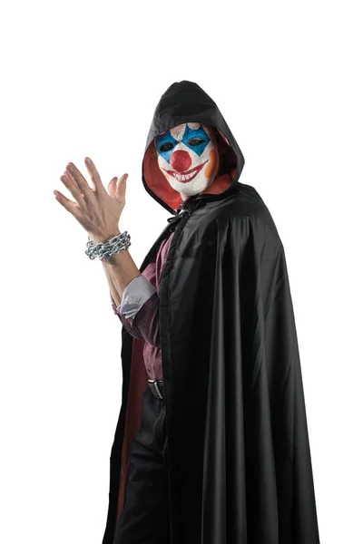 Clown Met Geketende Handen Een Witte Geïsoleerde Achtergrond Man Met — Stockfoto