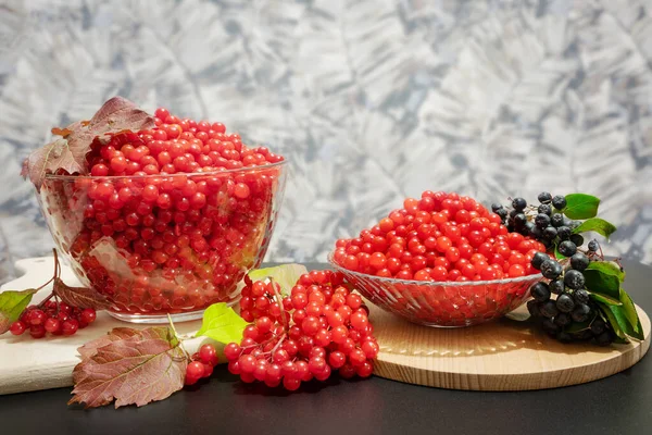Masada Yaprakları Olan Olgun Viburnum Meyveleri Böğürtlen Ürünün Vitamin Besininin — Stok fotoğraf