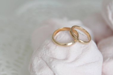 Nikah yüzükleri sonsuz aile sevgisinin sembolüdür. Şekerlemelerde altın yüzükler. Düğün yemeği. 14 Şubat 'ta. Evlilik yemini. Evlilik, balayı, aşkın sembolizmi. Yeni aile. 