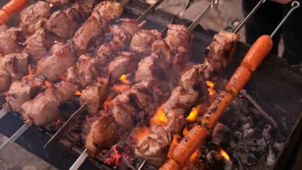 Pedaços Churrasco Porco Shashlik Processo Fritar Carne Grelha Movimento Lento — Vídeo de Stock